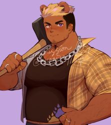 Rule 34 | animal ears, axe, bara, body hair, chain necklace, commission, earrings, facial hair, heterochromia, highres, jewelry, lion ears, male focus, mature male, midriff peek, muscular, muscular male, necklace, original, pectorals, reji ( rejisen), ring, scar, scar on face, stubble, thick eyebrows, tight clothes, virtual youtuber