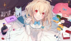 Rule 34 | 1girl, blonde hair, bow, braid, diamond (gemstone), dress, earrings, food, frilled dress, frills, from above, gem, hair bow, idolish7, jewelry, kudara, light smile, looking at viewer, necklace, pocky, red eyes, smile, solo, sparkle, stuffed animal, stuffed toy, takanashi tsumugi