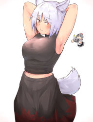 Rule 34 | 2girls, ^ ^, animal ears, armpits, arms up, bare shoulders, black skirt, blush, breasts, camera, chibi, closed eyes, cowboy shot, crop top, closed eyes, eyes visible through hair, ginnkei, hat, highres, inubashiri momiji, large breasts, looking at viewer, midriff, multicolored clothes, multicolored skirt, multiple girls, navel, no headwear, no headwear, pom pom (clothes), red eyes, shameimaru aya, shirt, short hair, silver hair, simple background, skirt, sleeveless, solo focus, sparkle, tail, tokin hat, touhou, weapon, white background, wolf ears, wolf tail
