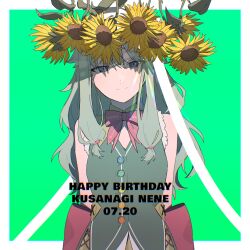 Rule 34 | 1girl, arms behind back, bare arms, bare shoulders, bow, bowtie, buttons, character name, closed mouth, commentary, dated, flower, grey hair, happy birthday, highres, kusanagi nene, leaf, long hair, looking at viewer, low-tied sidelocks, outside border, pink bow, pink bowtie, project sekai, purple eyes, sleeveless, smile, solo, sunflower, teacrown