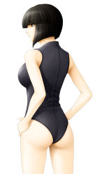 Rule 34 | 1girl, ass, bad id, bad pixiv id, black eyes, black hair, blunt bangs, bob cut, breasts, from behind, hands on own hips, highres, large breasts, one-piece swimsuit, original, short hair, solo, swimsuit, takaoka aoi, yellow eyes, zipper