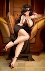Rule 34 | 1girl, absurdres, armchair, bare arms, bare legs, bare shoulders, black dress, black footwear, black hair, borrowed character, breasts, brown eyes, chair, commentary, covered erect nipples, cup, dress, drinking glass, english commentary, eyes visible through hair, hair over one eye, high heels, highres, holding, holding cup, indoors, kairunoburogu, large breasts, legs, long hair, looking at viewer, original, pillow, shoes, sitting, sleeveless, sleeveless dress, solo, tile floor, tiles