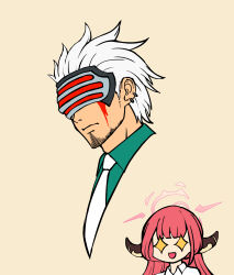 Rule 34 | 1boy, 1girl, ace attorney, aru (blue archive), blood, blue archive, godot (ace attorney), green shirt, highres, horns, mask, necktie, red hair, shirt, white background, white necktie