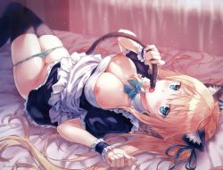 Rule 34 | 1girl, :, :o, absurdres, animal ears, apron, artist name, bed, bed sheet, black dress, black thighhighs, blonde hair, blue bow, blue bowtie, blue eyes, blue ribbon, blush, bow, bowtie, breasts, cat ears, cat tail, curtains, day, dress, dust, fellatio gesture, frilled sleeves, frills, green panties, groin, hair ribbon, highres, hiten (hitenkei), holding tail, knees up, large breasts, legs together, light, long hair, looking at viewer, lying, nipple slip, nipples, on back, on bed, open clothes, open mouth, panties, panty pull, puffy short sleeves, puffy sleeves, ribbon, saliva, scan, short sleeves, solo, tail, thighhighs, tongue, tongue out, twintails, underwear, white apron, wrist cuffs