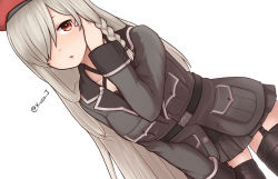 Rule 34 | 1girl, arm up, artist name, black footwear, boots, braid, collarbone, commission, g36c (girls&#039; frontline), garter straps, girls&#039; frontline, grey hair, grey skirt, hair over one eye, highres, jacy, long hair, long sleeves, looking at viewer, parted lips, red eyes, skirt, solo, thigh boots, thighhighs, twitter username, very long hair