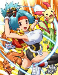 Rule 34 | 00s, 1girl, armpits, ass, belt, blue hair, bouncing breasts, breasts, capture styler, charizard, creatures (company), fingerless gloves, flame-tipped tail, flygon, game freak, gen 1 pokemon, gen 3 pokemon, gloves, headband, jacket, jacket on shoulders, large breasts, looking at viewer, magneton, nintendo, open mouth, plusle, pokemoa, pokemon, pokemon (creature), pokemon ranger, pokemon ranger 1, red eyes, shoes, skin tight, smile, sneakers, solana (pokemon), thighhighs