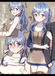 Rule 34 | 1boy, 1girl, ?, black jacket, blue eyes, blue hair, blue jacket, breasts, closed mouth, dress, gotland (kancolle), hair between eyes, hair bun, hhh (wave), jacket, kantai collection, long hair, long sleeves, looking at viewer, mole, mole under eye, open mouth, short dress, side ponytail, single hair bun, small breasts, smile, translation request