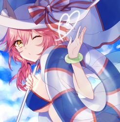 Rule 34 | 1girl, animal ear fluff, animal ears, bad id, bad pixiv id, bikini, bikini under clothes, blue bikini, blue sky, blush, bow, breasts, closed mouth, cloud, cloudy sky, commentary request, day, ears through headwear, eburidei hitomigokuu, fate/grand order, fate (series), fingernails, fox ears, hair between eyes, hair tie, hat, hat bow, heart, holding, innertube, jacket, large breasts, long hair, looking at viewer, looking back, one eye closed, open clothes, open jacket, outdoors, pink hair, red bow, sky, sleeveless, sleeveless jacket, solo, striped, striped bow, sun hat, swim ring, swimsuit, tamamo (fate), tamamo no mae (fate/extra), tamamo no mae (swimsuit lancer) (fate), transparent, upper body, white hat, white jacket