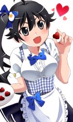 Rule 34 | 1girl, :d, absurdres, ahoge, apron, araragi karen, black eyes, black hair, black skirt, blue apron, blue bow, blue bowtie, blush, bow, bowtie, breasts, buttons, collared shirt, commentary request, dress shirt, gingham apron, hair bow, hands up, happy, heart, highres, holding, holding plate, kobeya, kobeya uniform, long hair, looking at viewer, mashimaro tabetai, medium breasts, monogatari (series), open mouth, plate, puffy short sleeves, puffy sleeves, shirt, short sleeves, skirt, smile, solo, standing, underbust, waist apron, waitress, white apron, white shirt