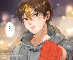 Rule 34 | ..., 1boy, absurdres, blush, brown eyes, brown hair, closed mouth, dated, drawstring, flower, frown, grey hoodie, haikyuu!!, hair down, happy valentine, hifuyu, highres, holding, holding flower, hood, hood down, hoodie, male focus, multicolored hair, nishinoya yuu, outstretched arm, red flower, solo, speech bubble, streaked hair, upper body