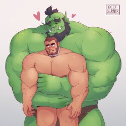Rule 34 | 2boys, arms at sides, back hair, bald spot, bara, beard, beefburner, blush, bulge, colored skin, couple, facial hair, feet out of frame, green skin, happy, heart, highres, hug, hug from behind, interspecies, loincloth, loving aura, male focus, mature male, monster boy, multiple boys, muscular, muscular male, mustache, nipples, nose piercing, nose ring, orc, original, piercing, pointy ears, pout, scar, scar across eye, short hair, shy, size difference, standing, strongman waist, thick eyebrows, thick thighs, thighs, topless male, tusks, yaoi