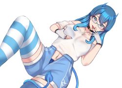 Rule 34 | 1girl, absurdres, blue-framed eyewear, blue bra, blue eyes, blue hair, blue nails, blue panties, blue shorts, blue thighhighs, blush, bra, breasts, choker, cleavage, collarbone, commission, commissioner upload, cross, cross necklace, demon girl, demon horns, demon tail, earrings, eyebrows, fingerless gloves, fingers to mouth, freckles, glasses, gloves, grabbing own breast, heart, heart choker, highres, horns, jewelry, kanta (kanta 077), large breasts, leg up, long hair, looking at viewer, lying, multicolored clothes, multicolored hair, multicolored legwear, nail polish, navel, navel piercing, necklace, off-shoulder shirt, off shoulder, on back, open mouth, original, panties, piercing, see-through, shirt, short sleeves, shorts, sidelocks, smile, solo, striped clothes, striped thighhighs, tail, thighhighs, tongue, tongue out, tongue piercing, transparent background, two-tone hair, underwear, unzipped, white gloves, white shirt, white thighhighs