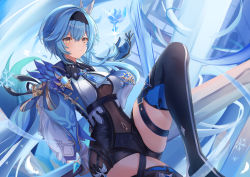 Rule 34 | 1girl, abstract background, absurdres, black hairband, black headband, black leotard, blue background, blue cape, blue hair, blue neckwear, bodystocking, boots, breasts, cape, commentary request, eula (genshin impact), feathers, genshin impact, hairband, headband, high-waist shorts, highres, leotard, medium breasts, medium hair, shorts, snowflakes, solo, sora01o, thigh boots, thigh strap, thighhighs, thighs, vision (genshin impact), white feathers, yellow eyes