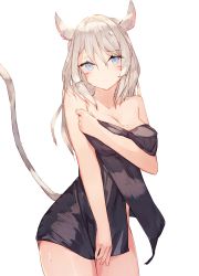 1girl animal_ears warrior_of_light_(ff14) blush breasts cat_ears cat_girl cat_tail cleavage closed_mouth commentary_request facial_mark final_fantasy final_fantasy_xiv hair_between_eyes highres long_hair looking_at_viewer medium_breasts miqo&#039;te naked_towel silver_hair simple_background solo tail tota_(sizukurubiks) towel wet whisker_markings white_background