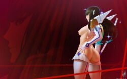 Rule 34 | 1girl, artist name, ass, black hair, blue theme, closed mouth, cowboy shot, dated, elbow gloves, from side, gem, gloves, hands on own hips, kill la kill, kiryuuin satsuki, long hair, nipples, profile, red background, sideways glance, signature, solo, sparkle, straight hair, themaestronoob, thighhighs, white thighhighs, zoom layer