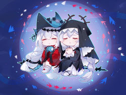 Rule 34 | 2girls, :o, arknights, black dress, blue gloves, blue headwear, blue outline, boots, closed eyes, commentary request, dress, frilled sleeves, frills, gloves, grey hair, hair between eyes, highres, interlocked fingers, knees up, long hair, long sleeves, multiple girls, outline, own hands clasped, own hands together, parted lips, puffy long sleeves, puffy sleeves, red dress, sitting, skadi (arknights), sleeves past wrists, specter (arknights), sui (blackcatsui yoi), veil, very long hair, white footwear, wide sleeves