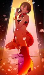 Rule 34 | 1girl, between legs, black choker, boots, breasts, brown hair, choker, cleavage, confetti, crop top, full body, glowing, glowing eyes, hair between eyes, hand between legs, high heel boots, high heels, highres, holding, looking at viewer, medium breasts, meiko (vocaloid), microphone, midriff, music, nail polish, open mouth, red nails, red skirt, short hair, singing, skirt, solo, spotlight, squatting, vocaloid, wire, yellow eyes, yuushi (10yusi01)