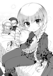 Rule 34 | 1girl, alice (fate), blush, braid, character doll, fate/extra, fate/grand order, fate (series), frilled shirt, frills, gloves, greyscale, hanabana tsubomi, long hair, long sleeves, looking at viewer, monochrome, nursery rhyme (fate), on bed, pajamas, pants, parted lips, shirt, simple background, sitting, solo, twin braids
