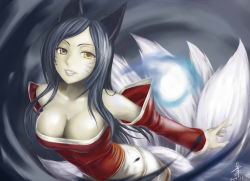 Rule 34 | 1girl, ahri (league of legends), animal ears, black hair, breasts, cleavage, detached sleeves, energy ball, facial mark, fox ears, fox tail, highres, korean clothes, large breasts, league of legends, lips, long hair, looking at viewer, mr yah, multiple tails, off shoulder, parted lips, solo, tail, whisker markings, wide sleeves, yellow eyes