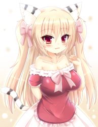 Rule 34 | 1girl, :3, arm behind back, bare shoulders, blonde hair, blush, bow, breasts, cleavage, commission, commissioner upload, dress, fang, hair bow, hair ornament, highres, kane-neko, large breasts, long hair, looking at viewer, original, petite, pink bow, pink dress, pink ribbon, puffy short sleeves, puffy sleeves, red eyes, ribbon, shiny skin, shirotora (naomi minette), short sleeves, smile, solo, standing, strapless, tiger, tiger girl, tight clothes, two side up, wavy mouth, white dress, white tiger