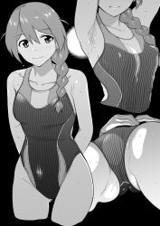 Rule 34 | 1girl, armpits, baba konomi, braid, breasts, competition swimsuit, cowboy shot, greyscale, hair over shoulder, highleg, highleg swimsuit, highres, humiyou, idolmaster, idolmaster million live!, medium breasts, monochrome, multiple views, one-piece swimsuit, simple background, single braid, striped clothes, striped one-piece swimsuit, swimsuit