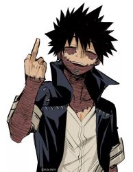 Rule 34 | 1boy, bad id, bad pixiv id, black hair, black jacket, boku no hero academia, burn scar, dabi (boku no hero academia), hand up, jacket, kadeart, looking at viewer, male focus, messy hair, middle finger, open clothes, open mouth, piercing, scar, shirt, short sleeves, simple background, smile, solo, spiked hair, stitches, teeth, upper body, upper teeth only, white background