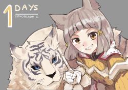 Rule 34 | 1girl, blue eyes, clenched teeth, countdown, dromarch (xenoblade), grey background, grin, looking at viewer, nia (xenoblade), nintendo, shadow2810, short hair, silver hair, simple background, smile, solo, teeth, tiger, upper body, white tiger, xenoblade chronicles (series), xenoblade chronicles 2, yellow eyes