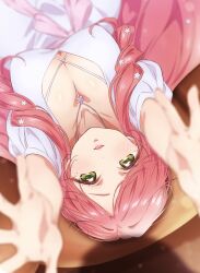 Rule 34 | 1girl, blurry, blurry background, blurry foreground, blush, breasts, cleavage, depth of field, dress, flower, from above, green eyes, hair flower, hair ornament, hanazono hahari, highres, jewelry, kimi no koto ga dai dai dai dai daisuki na 100-nin no kanojo, large breasts, long hair, looking at viewer, lying, mature female, mole, mole under eye, necklace, official art, on back, outstretched arms, parted bangs, parted lips, pink hair, reaching, reaching towards viewer, shadow, solo, upside-down, white dress, yano akane