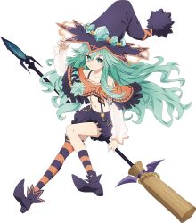 Rule 34 | 1girl, broom, broom riding, date a live, full body, gem, green eyes, green gemstone, green hair, hair between eyes, hat, long hair, long sleeves, looking at viewer, natsumi (date a live), navel, official art, purple footwear, simple background, solo, tachi-e, transparent background, witch hat