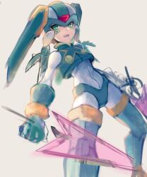 Rule 34 | 1boy, artist request, bodysuit, closed mouth, covered navel, crop top, dual wielding, energy sword, facial mark, feathers, green eyes, sage harpuia (mega man), helmet, holding, looking at viewer, male focus, mega man (series), mega man zero (series), solo, sword, weapon