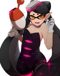 Rule 34 | 1girl, akuan (7jackpot7), arms up, bad id, bad pixiv id, black dress, black hair, bow, breasts, callie (splatoon), cleavage, commentary request, dress, earrings, fangs, food, food-themed hair ornament, gloves, hair bow, hair ornament, holding, holding weapon, inkling, jewelry, medium breasts, nintendo, no legwear, open mouth, pointy ears, sketch, smile, solo, sparkle, splatoon (series), splatoon 1, star-shaped pupils, star (symbol), strapless, strapless dress, sushi, symbol-shaped pupils, weapon, white background, white gloves, yellow eyes