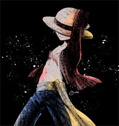 Rule 34 | 1boy, aco peda, black background, blue shorts, covered eyes, cowboy shot, hand on headwear, hat, male focus, monkey d. luffy, one piece, open clothes, open shirt, sash, scar, scar on chest, shorts, simple background, smile, solo, straw hat, yellow sash