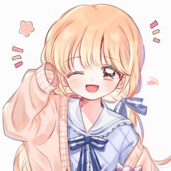 Rule 34 | 1girl, ;d, bad id, bad twitter id, blonde hair, bow, bowtie, brown eyes, cardigan, collared shirt, dot nose, futaba anzu, hair ribbon, idolmaster, idolmaster cinderella girls, lace, long hair, long sleeves, looking at viewer, low twintails, neck ribbon, one eye closed, open mouth, pink bow, pink cardigan, plaid, ribbon, sailor collar, shirt, simple background, sleeves past fingers, sleeves past wrists, smile, solo, striped bow, striped bowtie, striped clothes, striped ribbon, swept bangs, twintails, upper body, white background, wink, yalmyu