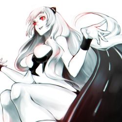 Rule 34 | 10s, 1girl, abyssal ship, airfield princess, bad id, bad pixiv id, bare shoulders, bodysuit, breasts, colored skin, from below, highres, horns, kantai collection, long hair, red eyes, sa tsuko, sitting, solo, very long hair, white background, white hair, white skin