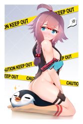 Rule 34 | 1girl, = =, absurdres, ahoge, arknights, ass, bare arms, bare shoulders, bird, blue eyes, blue gloves, blush, border, braid, breasts, caution tape, closed mouth, from side, frown, full body, glasses, gloves, gradient background, grey background, gun, hair bobbles, hair ornament, highres, holding, holding gun, holding weapon, kneehighs, kneeling, long hair, looking at viewer, looking to the side, may (arknights), medium breasts, naked tabard, nose blush, orange socks, over-rim eyewear, penguin, pouch, purple hair, red-framed eyewear, semi-rimless eyewear, side braid, sideboob, socks, solo, sparkle, tabard, thigh pouch, thigh strap, trigger discipline, weapon, white border, z.taiga