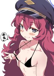 Rule 34 | 1girl, absurdres, armband, bikini, black bikini, black eyes, black hat, blue archive, blush, breasts, hair between eyes, hair ribbon, halo, hat, highres, iroha (blue archive), long hair, looking at viewer, micro bikini, peaked cap, red hair, ribbon, safety pin, shichimi yutsuki, simple background, small breasts, solo, sweat, swimsuit, upper body, very long hair, white background