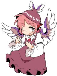 Rule 34 | animal ears, bird ears, bird wings, brown headwear, character name, cropped legs, earrings, fang, grey eyes, ini (inunabe00), jewelry, juliet sleeves, long sleeves, looking at viewer, mystia lorelei, open mouth, pink hair, puffy sleeves, short hair, simple background, single earring, skin fang, smile, touhou, white background, white wings, winged hat, wings