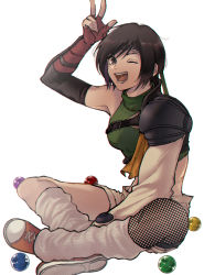 Rule 34 | 1girl, arm guards, armor, beckey9415, beige shorts, belt, black hair, brown eyes, final fantasy, final fantasy vii, final fantasy vii remake, fingerless gloves, fishnets, gloves, green shirt, hair between eyes, headband, leg warmers, materia, one eye closed, open mouth, shirt, shoes, short hair, shoulder armor, sneakers, solo, square enix, turtleneck, white background, wink, yuffie kisaragi