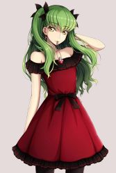 Rule 34 | 1girl, black pantyhose, black ribbon, c.c., code geass, collarbone, cosplay, cowboy shot, dress, earrings, floating hair, green hair, grey background, hair between eyes, hair ribbon, hand in own hair, highres, jewelry, long hair, looking at viewer, lucky keai, mouth hold, necklace, pantyhose, red dress, ribbon, simple background, sleeveless, sleeveless dress, solo, standing, tohsaka rin, tohsaka rin (cosplay), twintails, two side up, very long hair