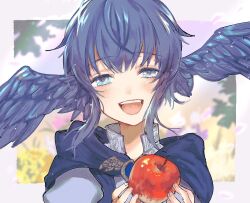 Rule 34 | 1girl, :d, apple, bird wings, blue capelet, blue eyes, blue hair, blurry, blurry background, border, brooch, capelet, collared shirt, day, feathered wings, final fantasy, final fantasy xiv, food, fruit, hands up, head wings, highres, holding, holding food, holding fruit, jewelry, looking at viewer, meteion, n ff14 pic, open mouth, outdoors, outside border, portrait, shirt, short hair, smile, solo, white border, wings