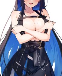 1girl bare_shoulders black_hair blue_hair blush breast_press breasts cleavage colored_inner_hair cutting_out_below_the_eyes_is_hot_(meme) dress grabbing_own_breast head_out_of_frame highres hololive hololive_english horns large_breasts long_hair meme multicolored_hair nerissa_ravencroft seion simple_background smile solo two-tone_hair very_long_hair virtual_youtuber