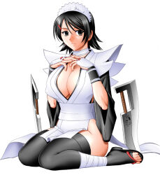 Rule 34 | 1girl, 339k, apron, bad source, bandages over clothes, black eyes, black hair, black thighhighs, breasts, butterfly swords, choker, cleavage, flipped, hair ornament, hands on own chest, huge breasts, iroha (samurai spirits), japanese clothes, lace trim, large breasts, light smile, maid, maid headdress, maid leotard, mokkouyou bond, multiple swords, samurai spirits, short hair, snk, solo, thighhighs, thighs, unconventional maid, weapon, white apron