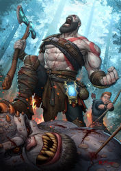 Rule 34 | 2boys, absurdres, arrow (projectile), arrow in body, atreus, axe, bald, beard, bow (weapon), brown hair, day, facial hair, father and son, forest, god of war, highres, holding, holding axe, kratos (god of war), monster, multiple boys, muscular, nature, open mouth, outdoors, patrick brown, pouch, quiver, screaming, tattoo, weapon