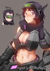 Rule 34 | 1girl, before and after, blush, breasts, cleavage, commission, girls&#039; frontline, highres, large breasts, navel, pink eyes, pixiv commission, purple hair, sangvis ferri, short hair, striker (girls&#039; frontline), triangle bullet
