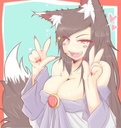 Rule 34 | 1girl, absurdres, animal ears, blush, blush stickers, border, breasts, cleavage, cube85, double v, fang, heart, highres, imaizumi kagerou, large breasts, long hair, red eyes, simple background, smile, solo, sparkle, tail, touhou, v, wolf ears, wolf tail