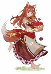 Rule 34 | 1girl, animal ears, apple, aubz, barefoot, basket, blush, commentary, commission, english commentary, floating hair, food, fruit, heart, highres, holding, holding basket, holo, long hair, red skirt, running, skirt, smile, solo, spice and wolf, tail, watermark, wolf ears, wolf girl, wolf tail