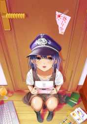 Rule 34 | 1girl, bad id, bad nicoseiga id, book, brown eyes, computer, crayon, door, from above, glass, handheld game console, hat, holding, laptop, looking at viewer, nintendo ds lite, original, peaked cap, purple hair, sitting, solo, sweatdrop, yoropa