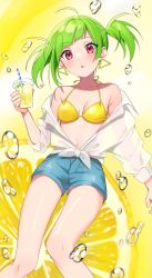 Rule 34 | 1girl, absurdres, asymmetrical bangs, bikini, bikini top only, breasts, bubble, cleavage, collarbone, cup, delutaya, denim, denim shorts, drinking straw, food, fruit, green hair, hatsuno xxx, highres, holding, holding cup, indie virtual youtuber, lemon, navel, red eyes, shirt, short hair, shorts, small breasts, solo, swimsuit, tied shirt, twintails, virtual youtuber, white shirt, yellow bikini