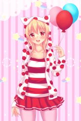 Rule 34 | 1girl, :d, animal hood, arm at side, bad deviantart id, bad id, balloon, blonde hair, blush, cat hood, collarbone, colored eyelashes, eyebrows, highres, holding, holding balloon, hood, hoodie, legs apart, long hair, long sleeves, looking at viewer, miniskirt, nottytiffy, open clothes, open hoodie, open mouth, original, pantyhose, pink background, pink pantyhose, pleated skirt, polka dot, polka dot hoodie, rainbow, red eyes, red skirt, round teeth, shirt, shooting star, simple background, skirt, slit pupils, smile, solo, standing, star (symbol), striped background, striped clothes, striped shirt, tareme, teeth, tiffy (nottytiffy), vertical stripes