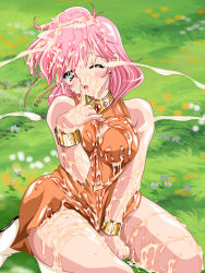 Rule 34 | 1990s (style), 1girl, blush, bukkake, cum, cum on clothes, dress, facial, female focus, final fantasy, final fantasy v, flower, highres, kneeling, lenna charlotte tycoon, outdoors, pink hair, plant, solo, wink